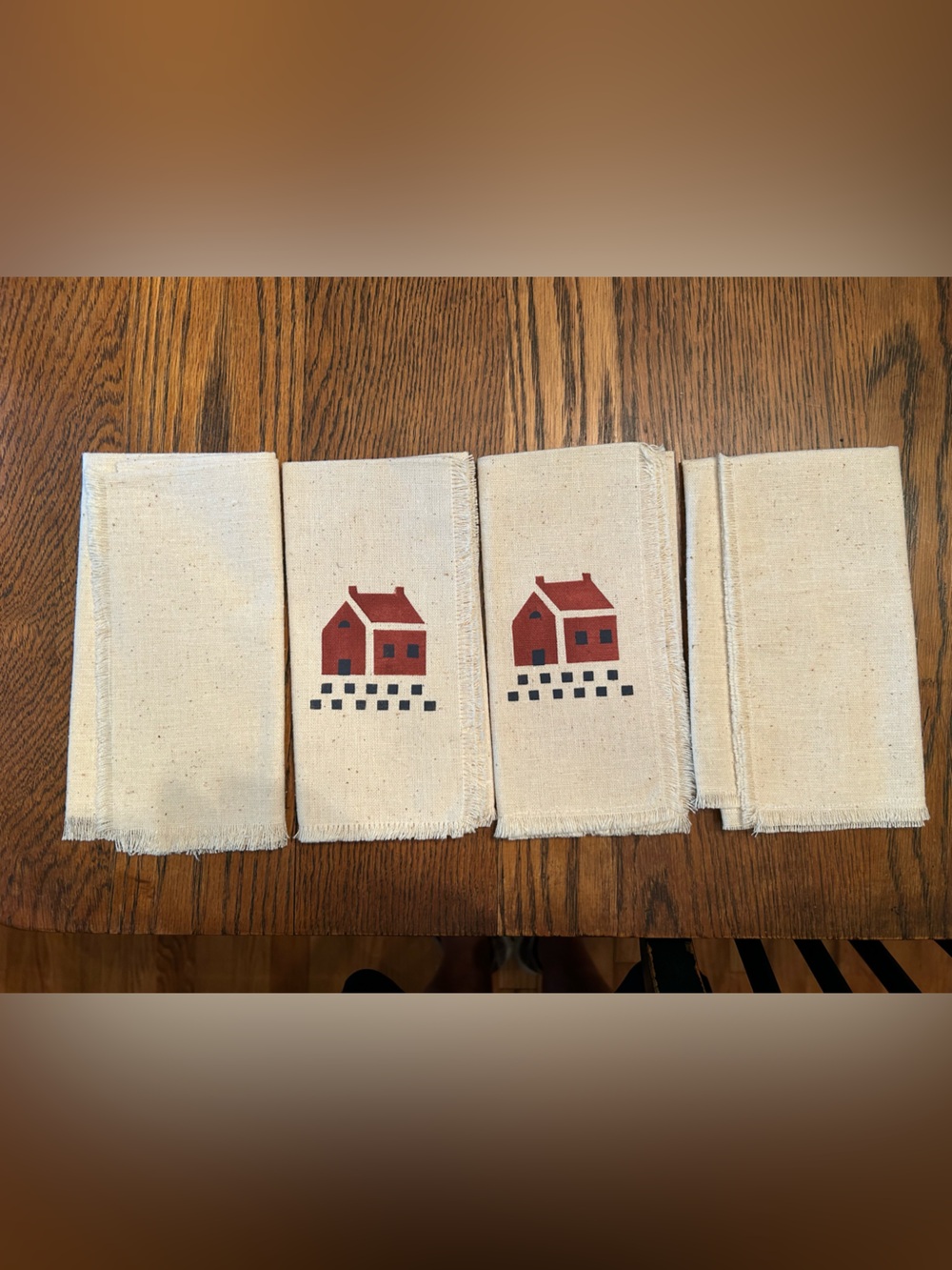 NEW! Set of 4 Cream Cotton Muslin Napkins, 2 with Red House Print, 15” square.